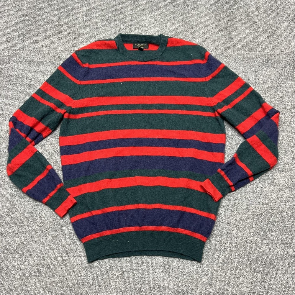 Club Room Sweater Mens Large Green Red Navy Stripe 100% Cashmere Crewneck